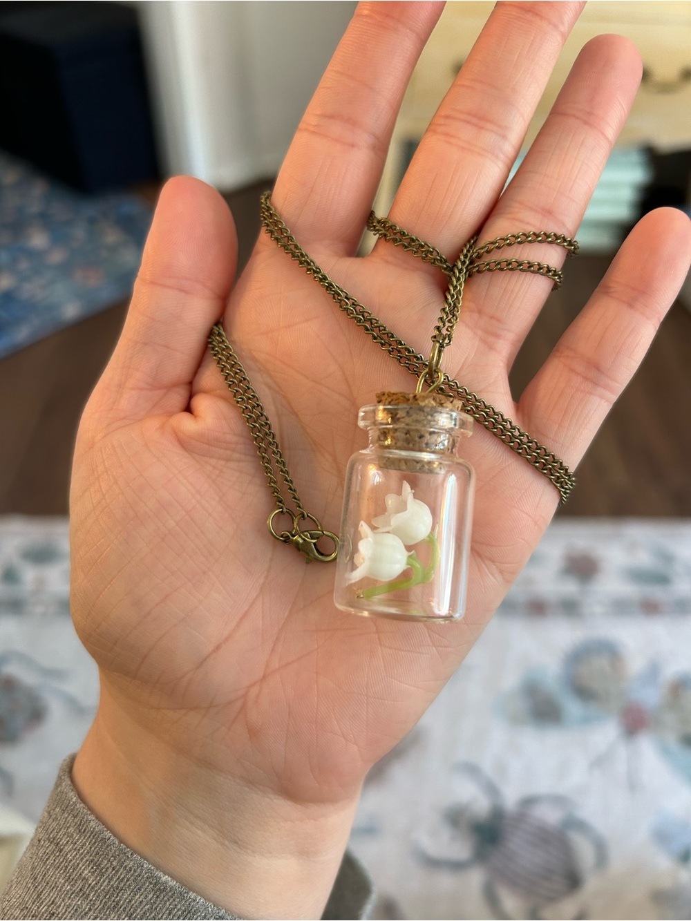 Mini Glass Bottle Necklace with White Lily Of the Valley Flowers
